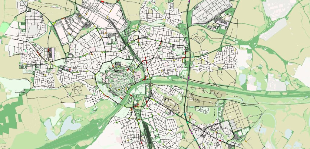 Complex urban network modelled in SUMO traffic simulation software